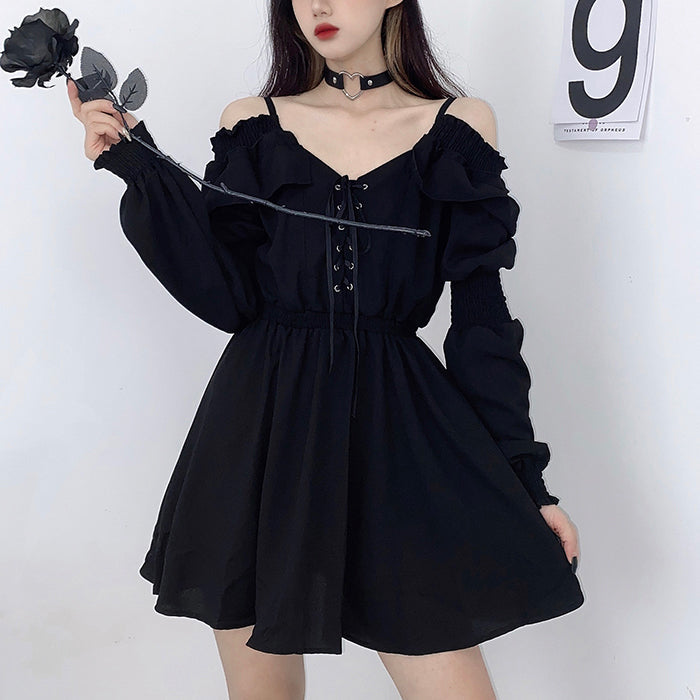Long Sleeve Off Shoulder Gothic Black Dress Maxct