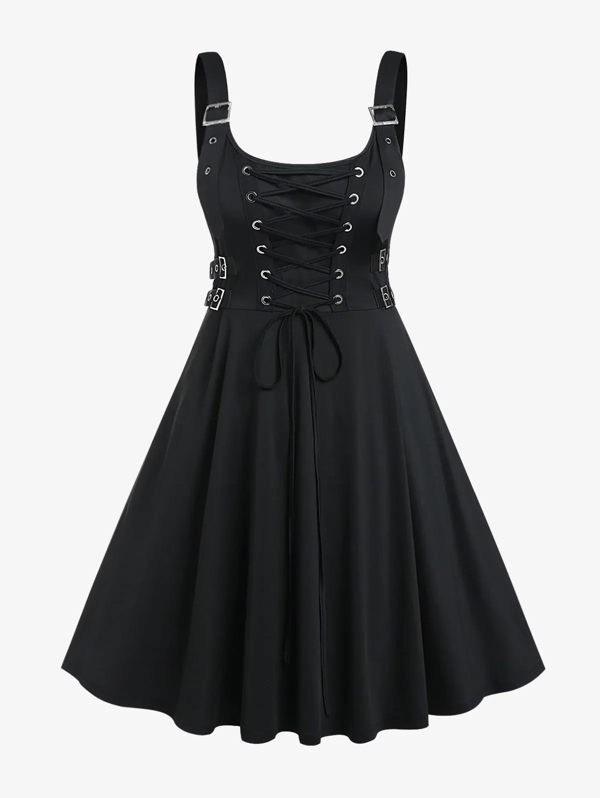 Maxct Gothic Lace Up Buckles A Line Sleeveless Dress Women Solid High Waisted Dresses