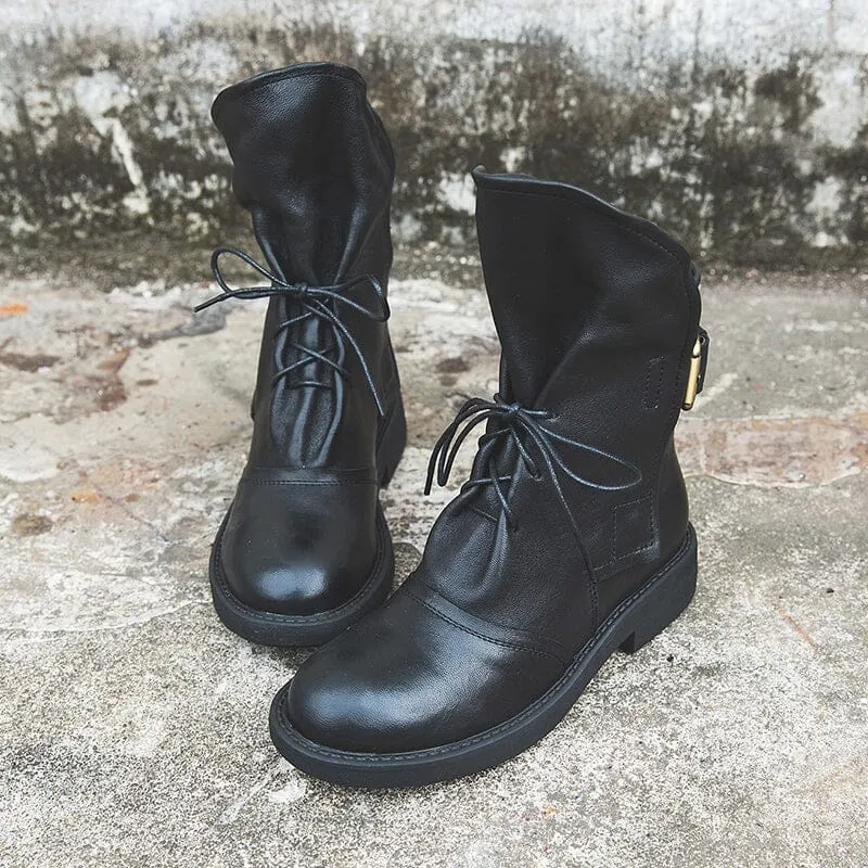 Womens Retro Sheepskin Short Boots for Winter Lace Up Buckles Boots Coffee/Black Maxct