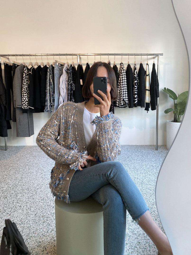 Maxct Vintage V-Neck Fringed Frayed Mélange Knit Cardigan