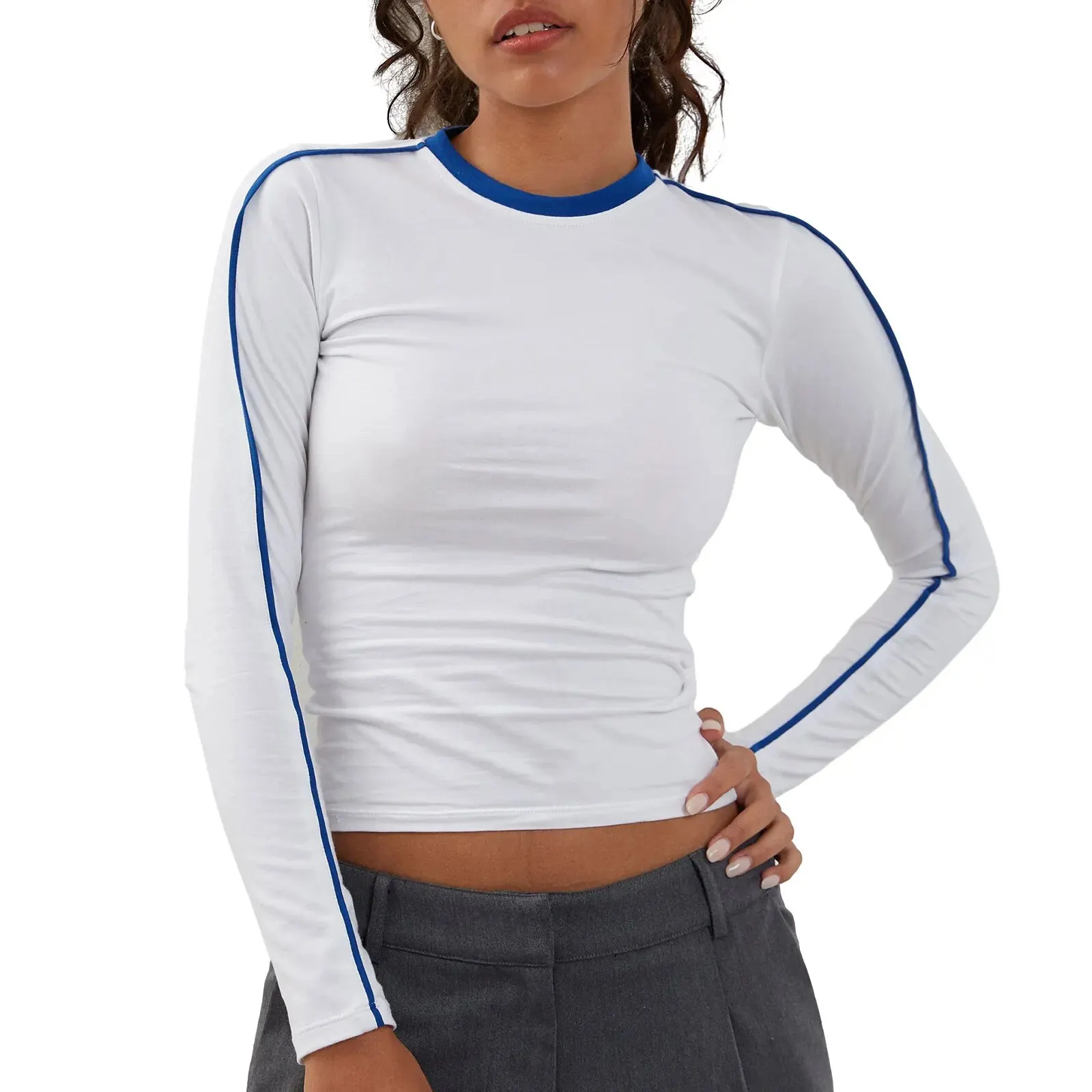 Maxct Women Y2K Vintage Retro Cleanfit Long Sleeve Short T-Shirts Patchwork Crew Neck Spring Fall Slim Fit Tops Streetwear