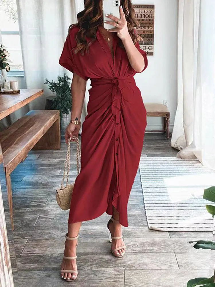 Satin Pleated Bandage Shirt Dress Maxct