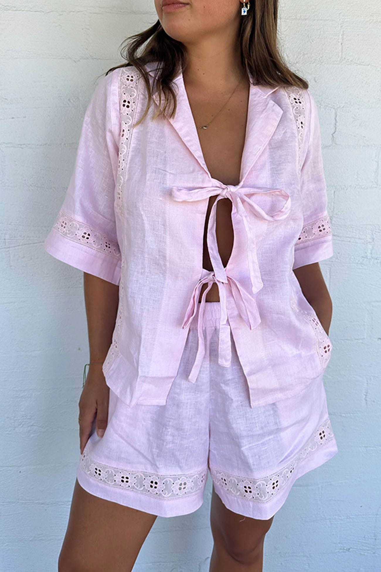Maxct Tie-up Jacquard Hollow Out Shirt Shorts Suits