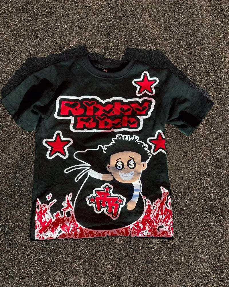 Maxct American cartoon letter pattern printed oversized round T-shirt men's Y2K street hip-hop versatile loose short-sleeved top