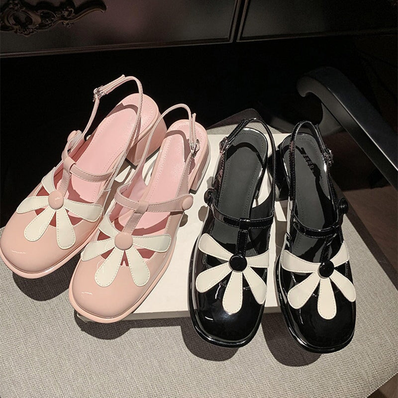 T strap Flower Detail Mary Jane Slingback Sandals Block Heel Square Toe Maxct
