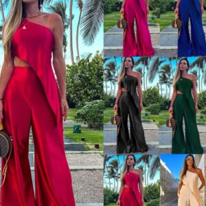 Maxct Solid Female Pant Two piece Set Skew Collar Sleeveless Top High Waist Wide Leg Pants Suit Elegant Evening Party Women Set