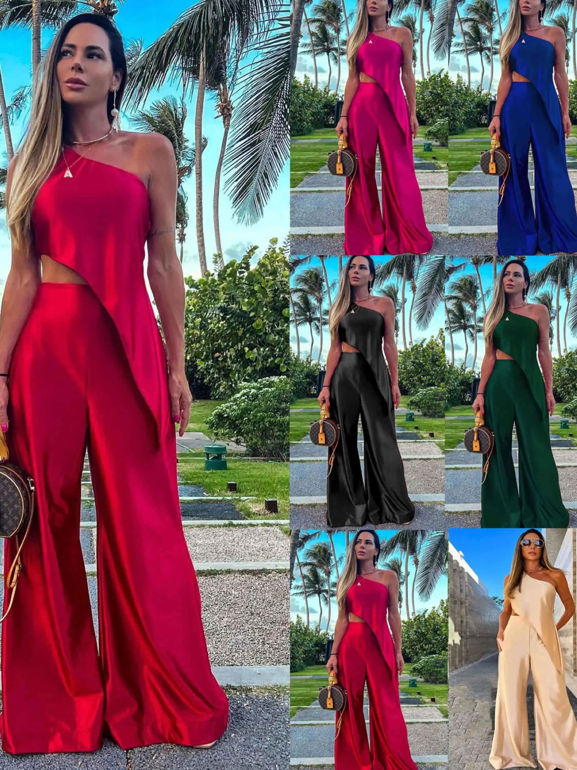 Maxct Solid Female Pant Two piece Set Skew Collar Sleeveless Top High Waist Wide Leg Pants Suit Elegant Evening Party Women Set