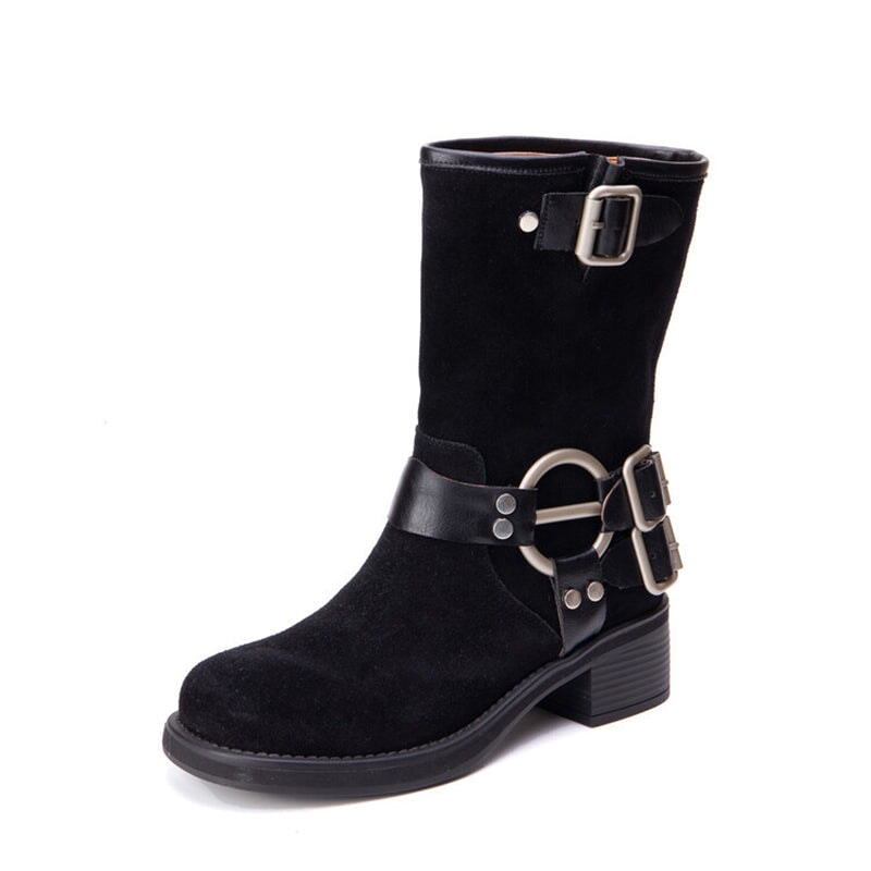 Suede Short Boots Buckle Boots Big Round Toe Maxct