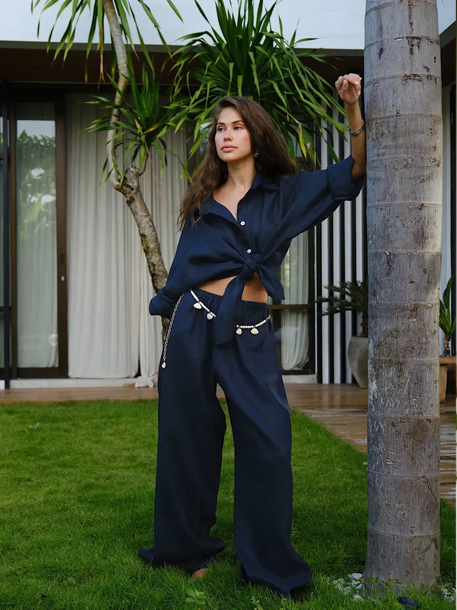White Casual Cotton Linen Trousers Suit Women's Loose Long Sleeve Shirt Top Elastic Waist Pants Female Outfits Autumn New