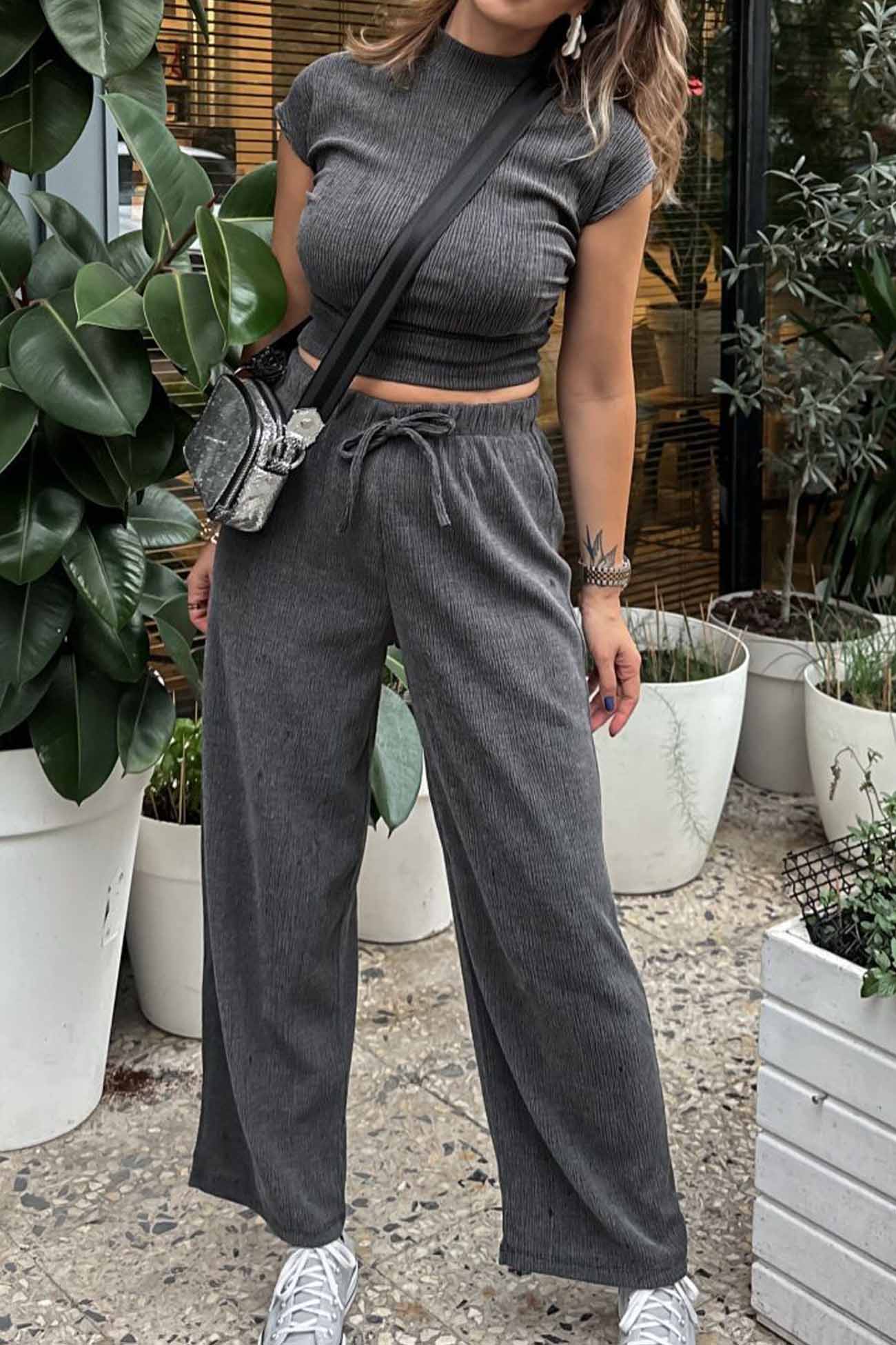 Maxct Mock Neck Short Sleeve Ruched Long Pant Set