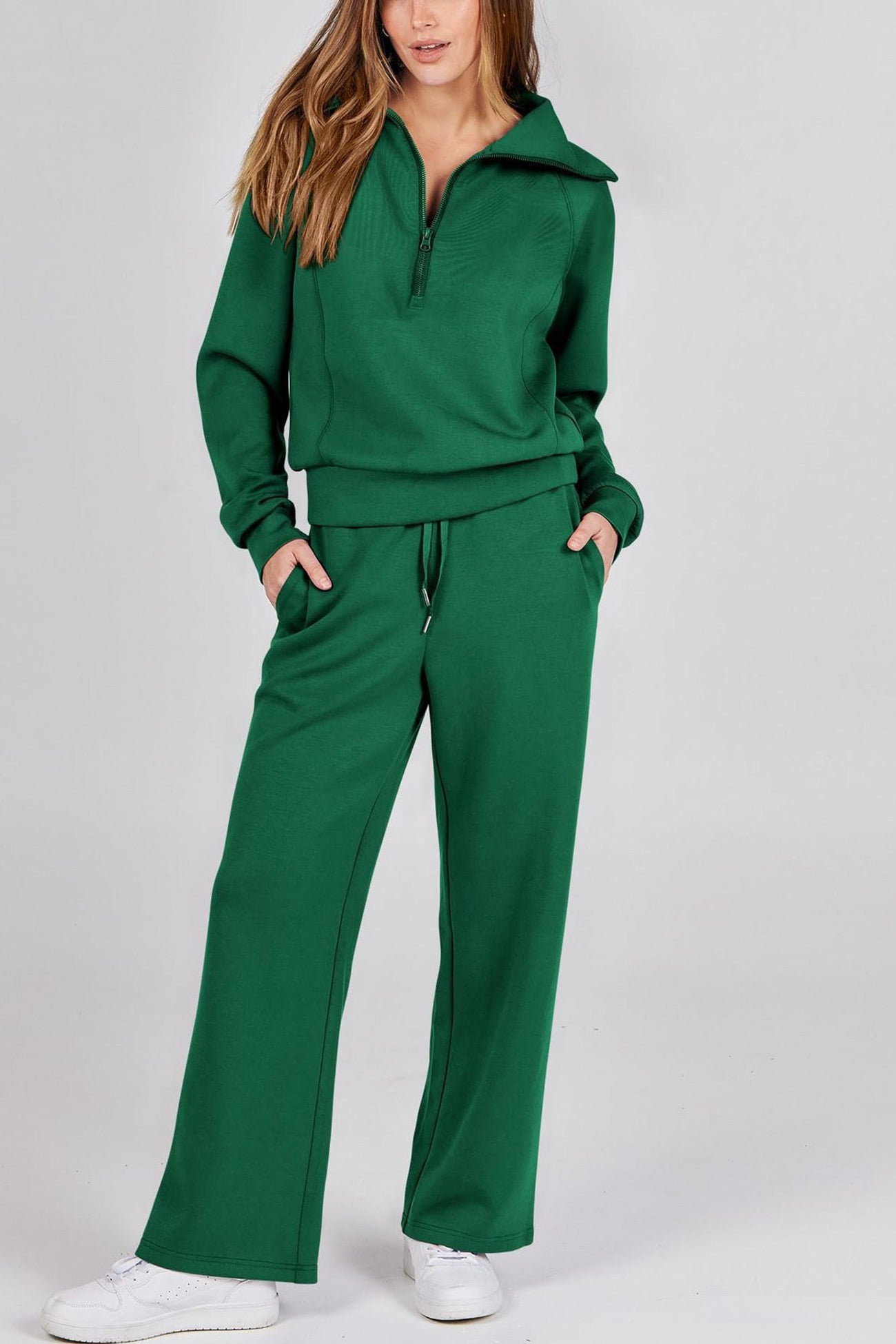 Maxct Lapel Zip-up Sweatshirt Wide Leg Long Pants Set