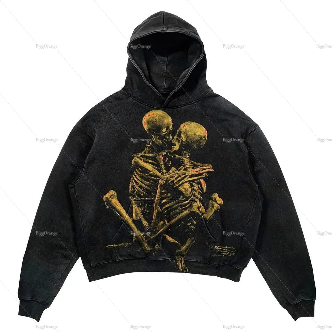 Maxct Y2k Punk Wind Skull Printed Cotton Hoodies Sweatshirt Couples Hip-hop Retro Street Loose Oversized Hoodies Harajuku Gothic Top