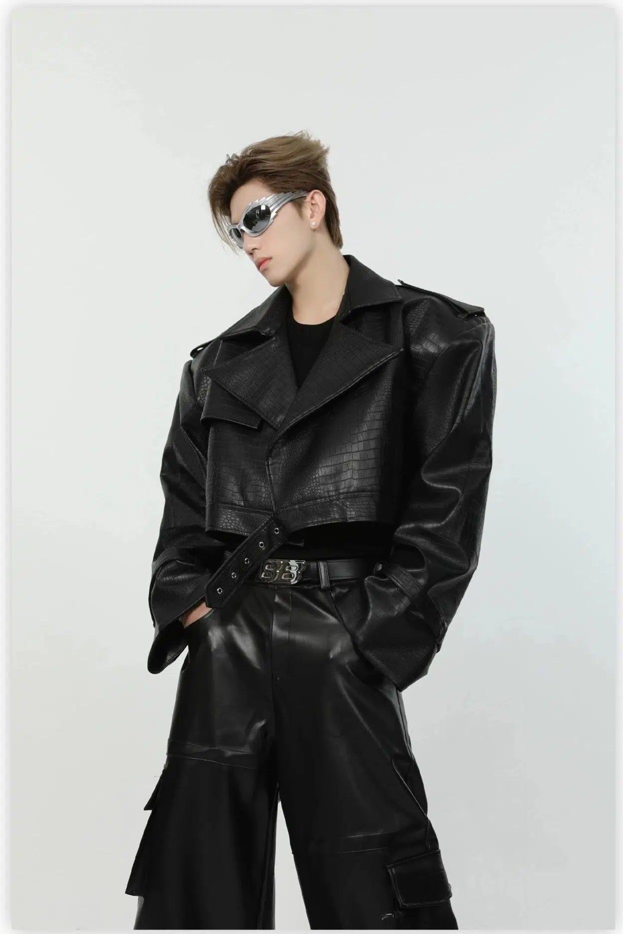 Maxct Short Crocodile Print Leather Jacket