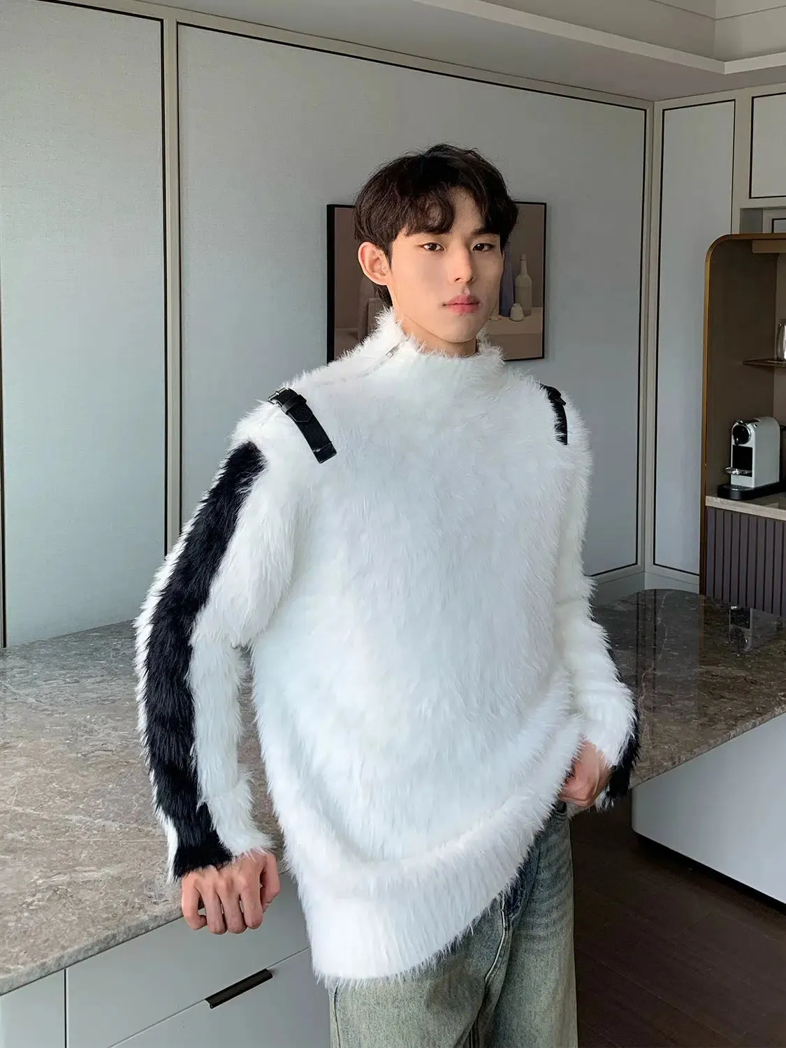 Maxct Colorblock Stand-up Collar Faux Mink Sweater