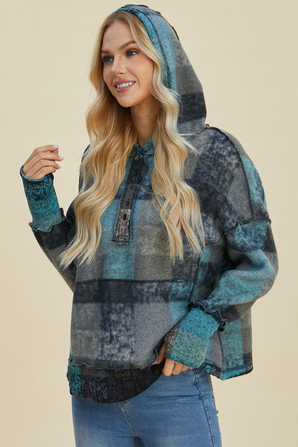 Maxct &Double Take Full Size Plaid Dropped Shoulder Fleece Hoodie