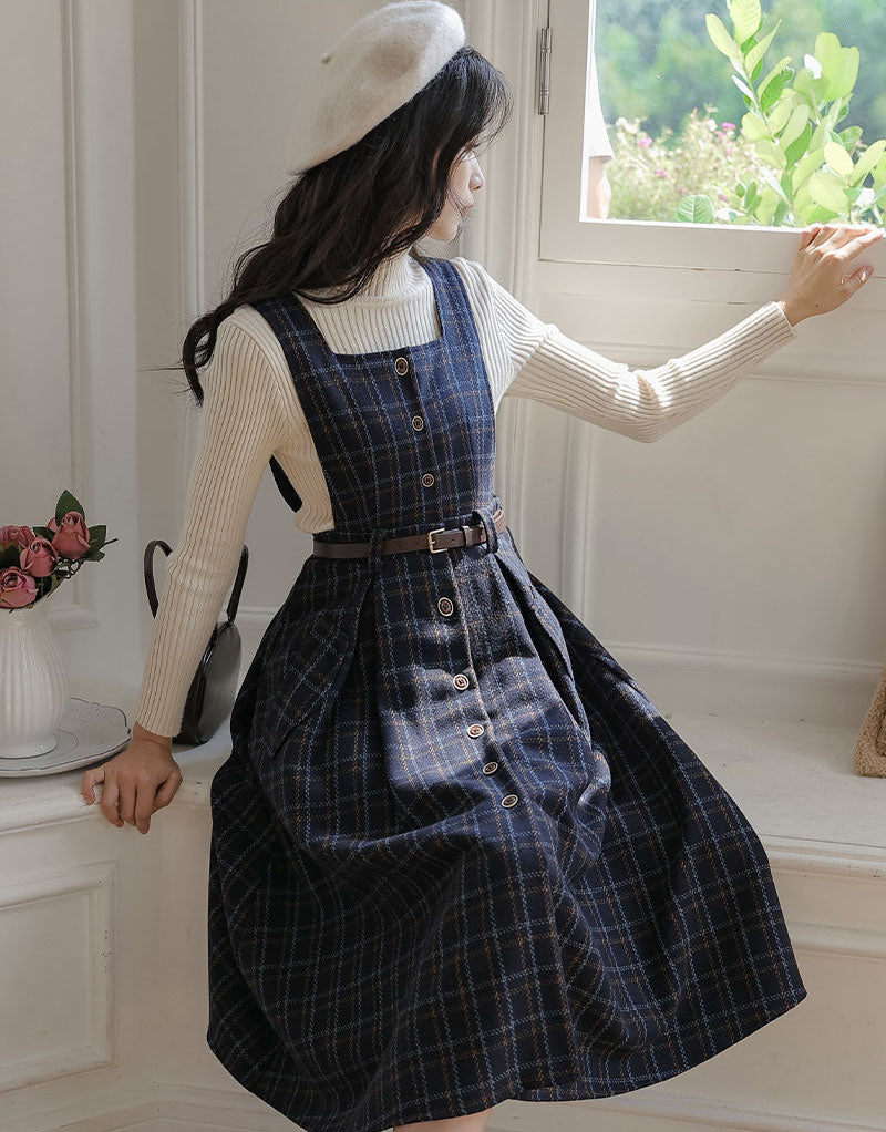 Button Up Plaid Pinafore Dress Maxct