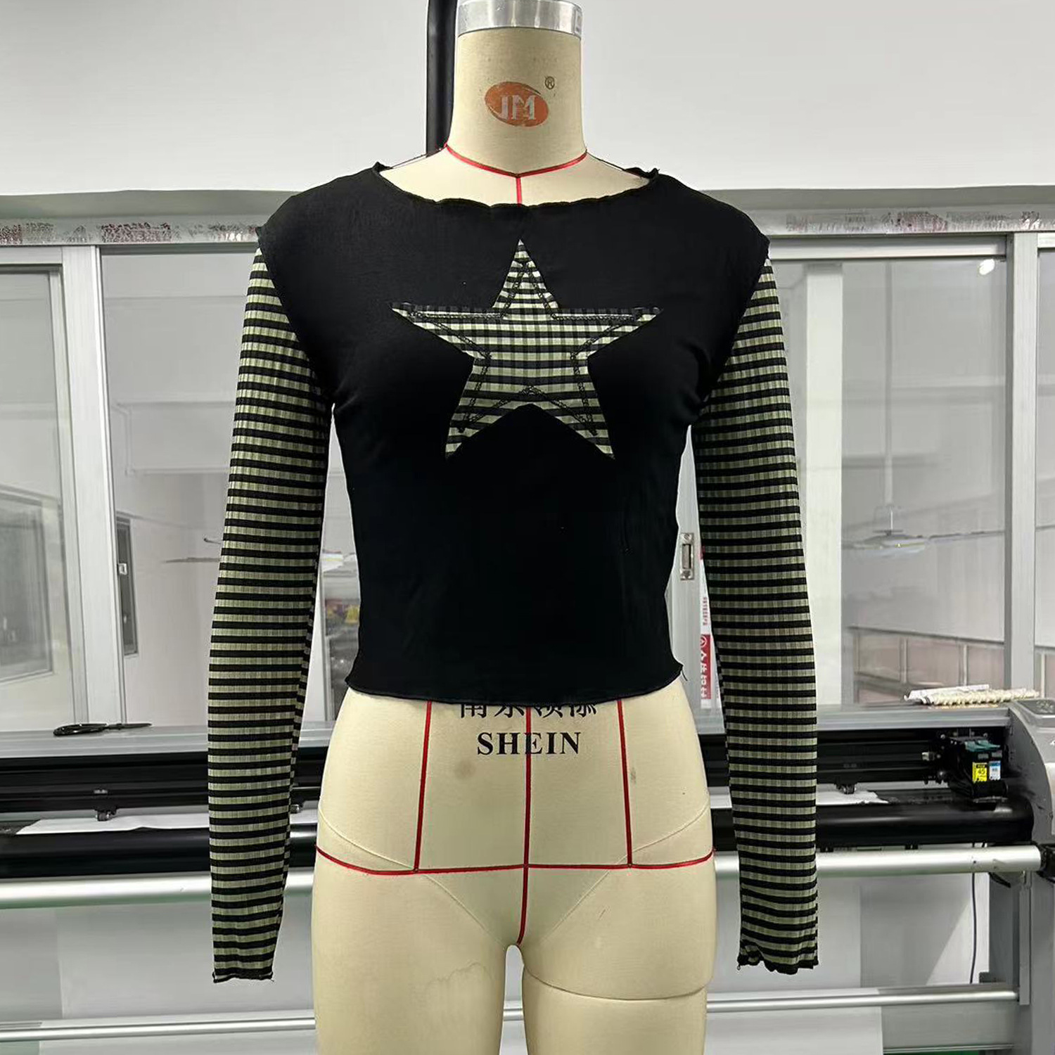 Maxct 90s streetwear Y2K Star Striped Sweet Cool Women's Long Sleeve Striped Stitching T-shirt Five-Pointed Star Embroidered Casual Top 3324
