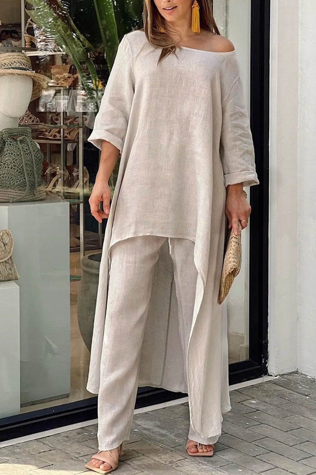 Maxct Cotton Drop Shoulder Irregular Tops Pants Set