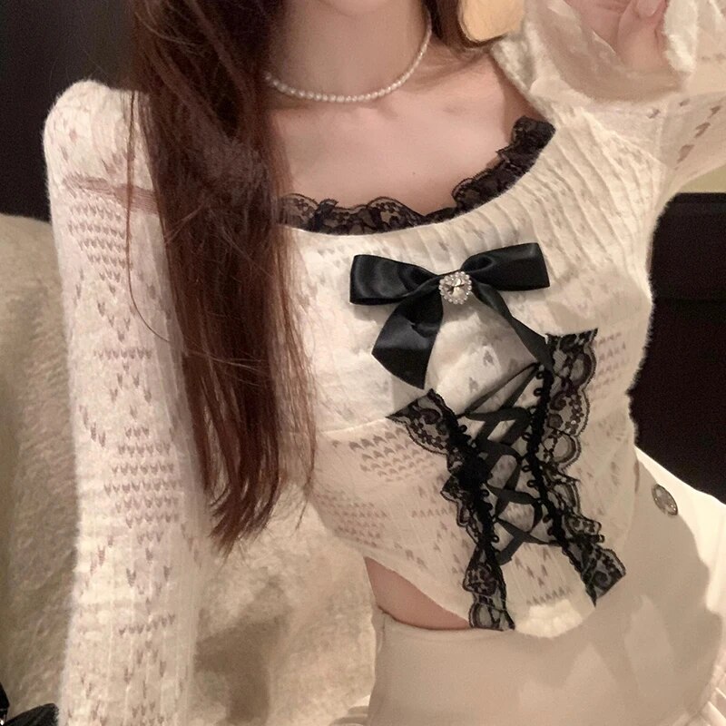 Maxct Women's Elegant Long Sleeve Crop Tops Bowknot Lace Patchwork Sweetheart Neckline Spring Fall Casual Slim Fit T-Shirts