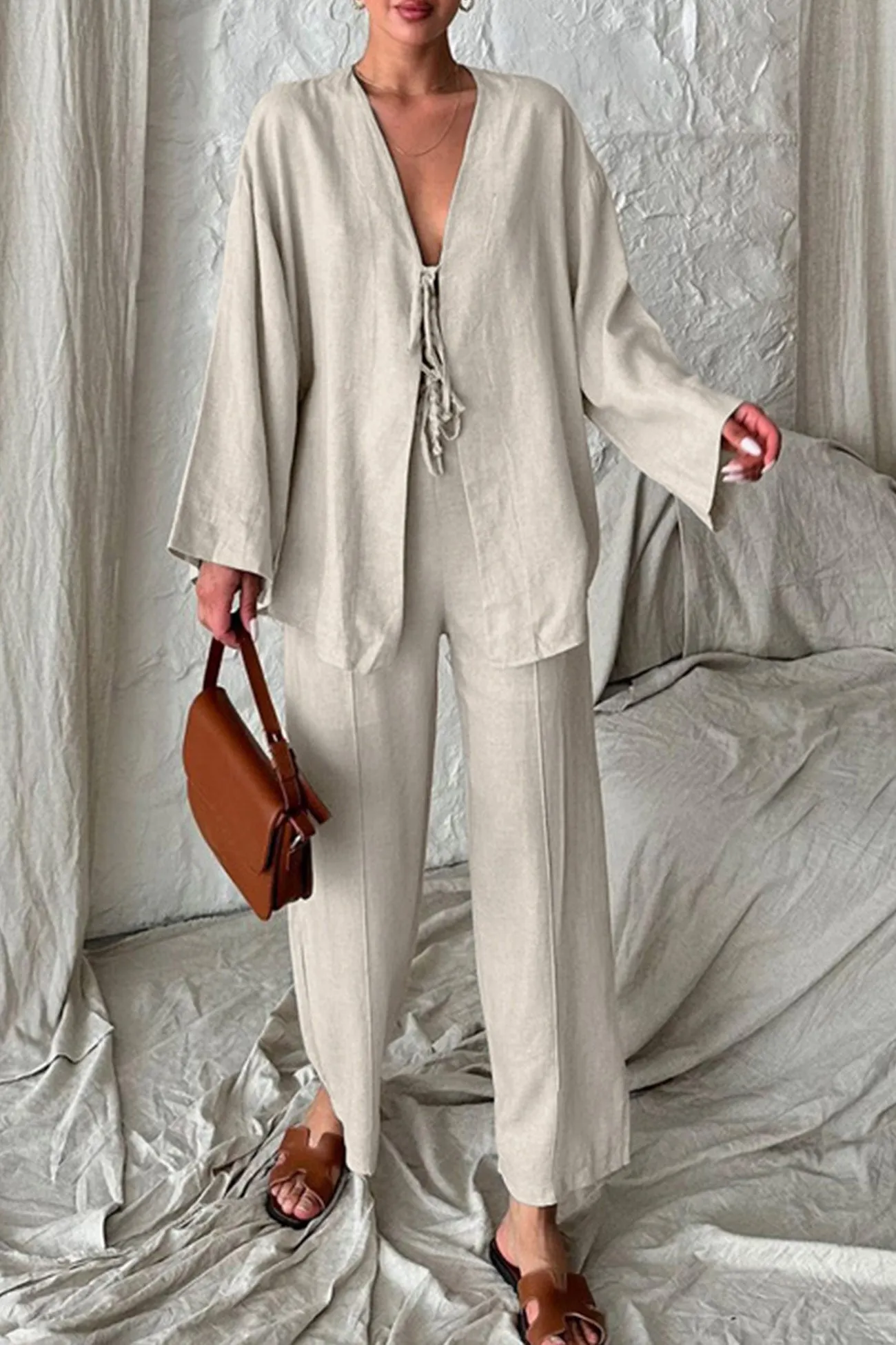 Maxct Tie-front Long Sleeve Shirt Cotton Suits