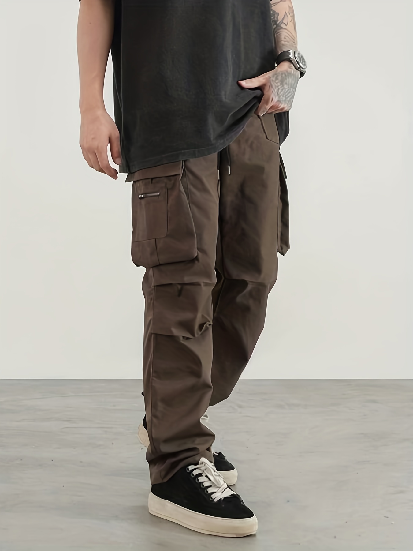 Men's Casual Cargo Pants, Regular Multi Pocket Waist Drawstring Work Pants For Outdoor Activities