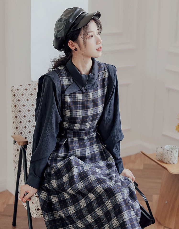 Crepe Plaid Pinafore Dress Set Maxct