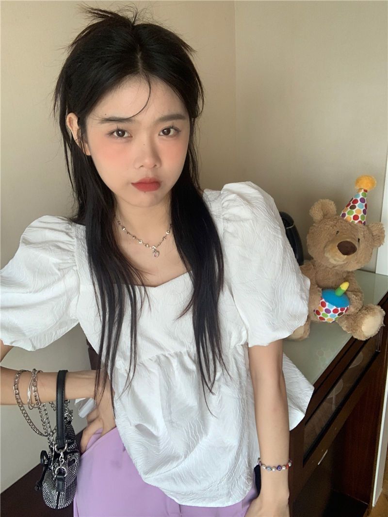 Blouses Women Square Collar Sweet Loose French Style Puff Sleeve Chic Ruffles Simple Ulzzang Solid Fashion Temper Student Summer