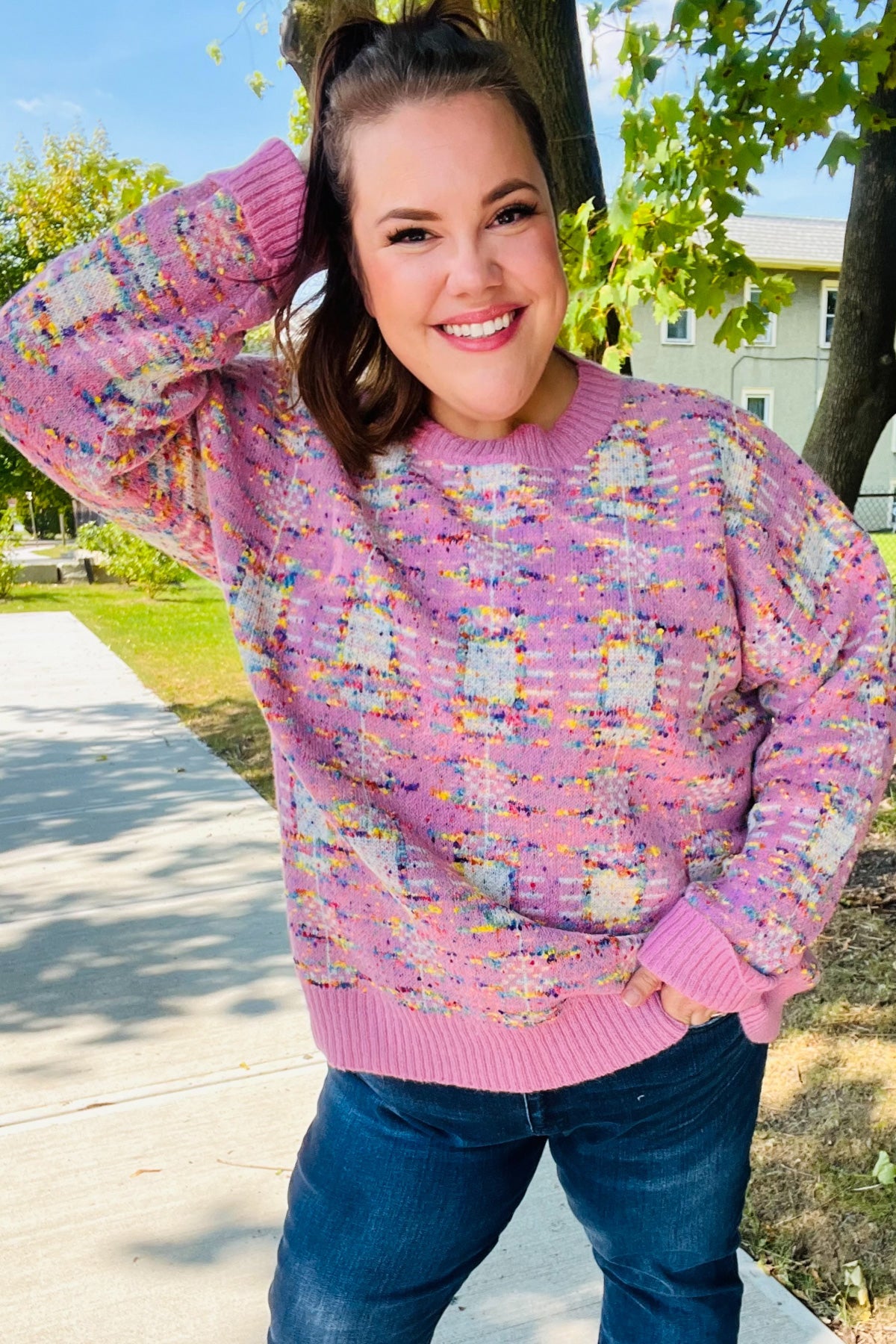 Maxct &Adorable Pink Multicolor Popcorn Knit Sweater