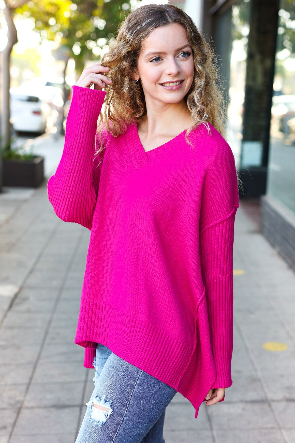 Maxct &Be Bold Magenta Oversized V Neck Rib Knit Sweater