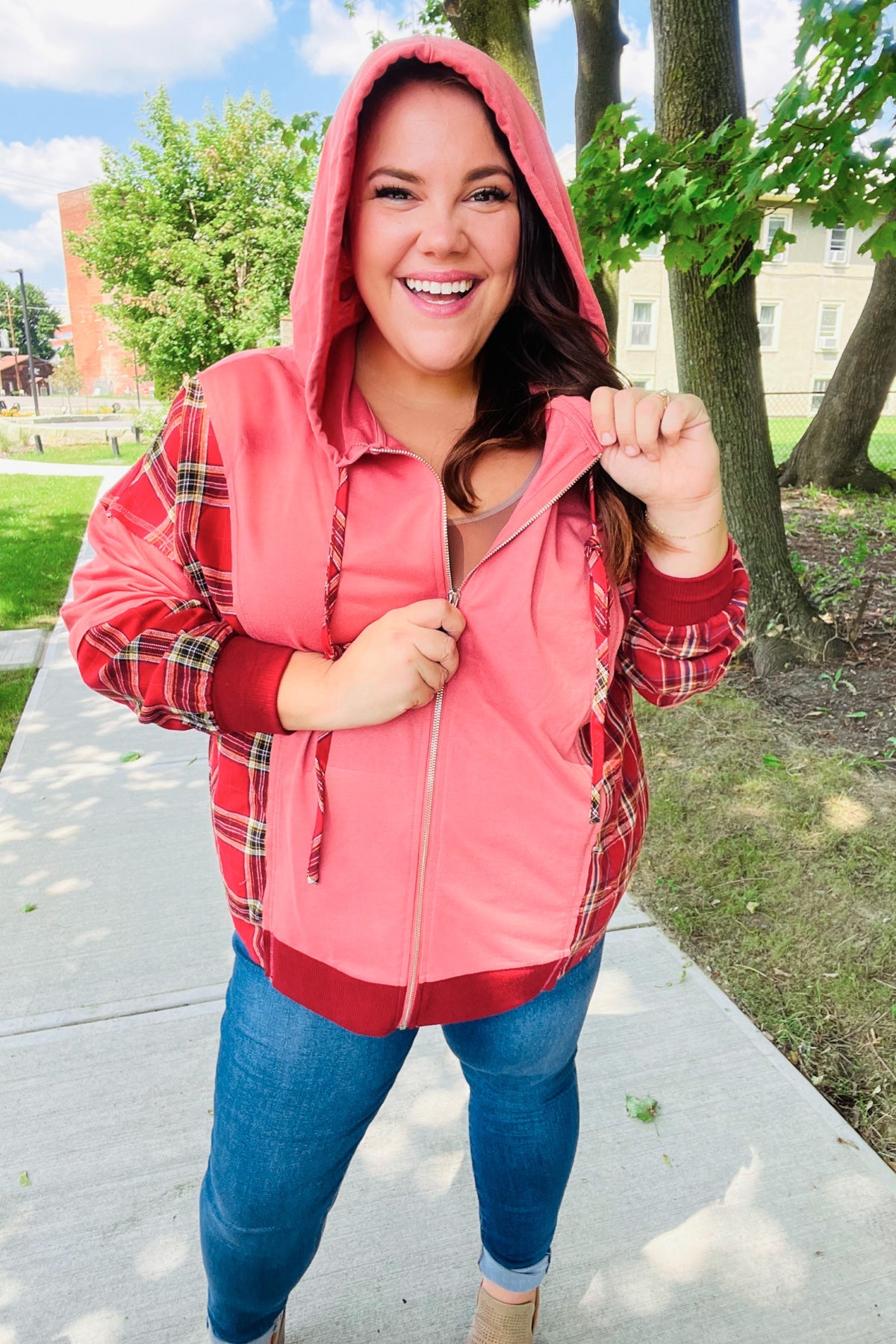 Maxct &Adorable in Marsala Plaid Color Block Zipper French Terry Hoodie