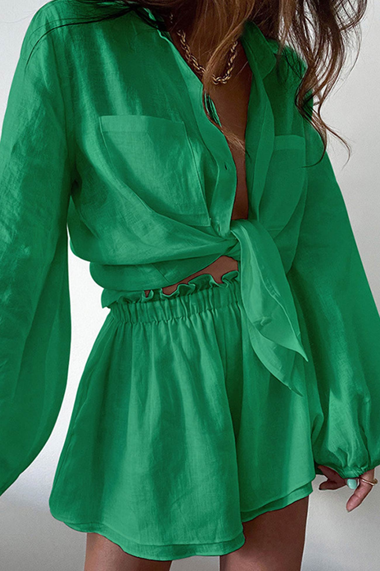 Maxct-Pocketed Solid Color Shirt Ruffle Waist Shorts Suits