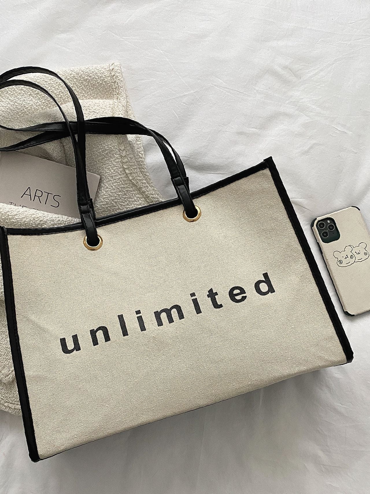 Maxct - Letter Graphic Contrast Binding Shopper Bag  - Women Tote Bags