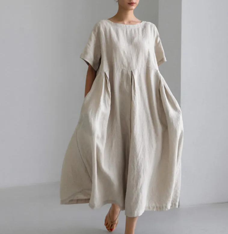 Ladies Solid Color Casual Loose Cotton Linen A-Line Dresses