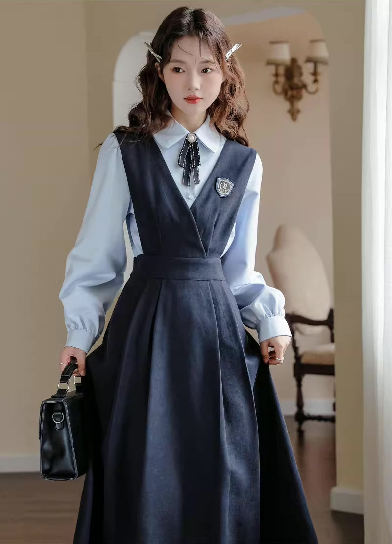Corduroy Suede Midi Pinafore Dress & Blouse Set Maxct