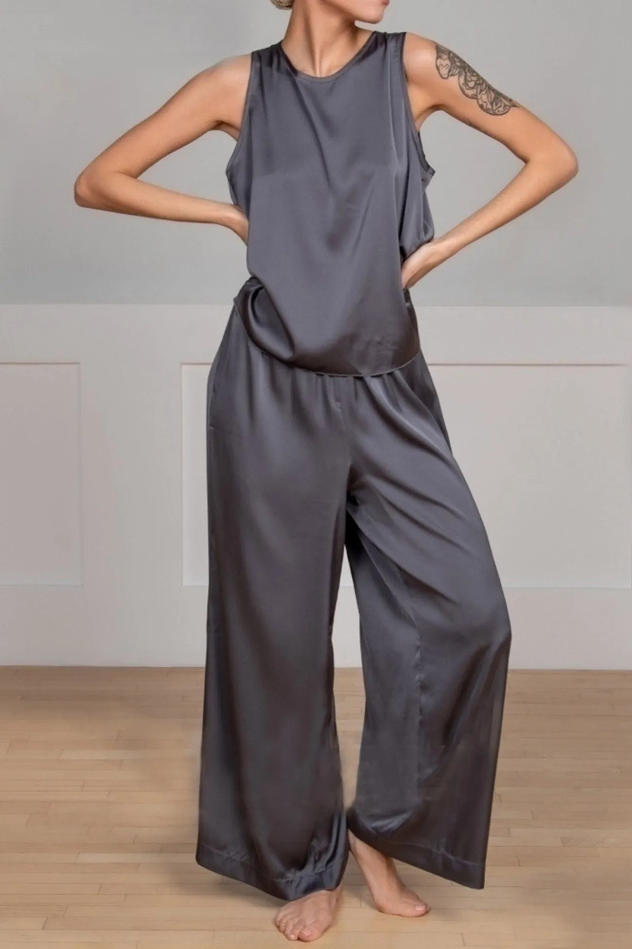 Maxct Satin Slit Tank Top Wide Leg Long Pants Set