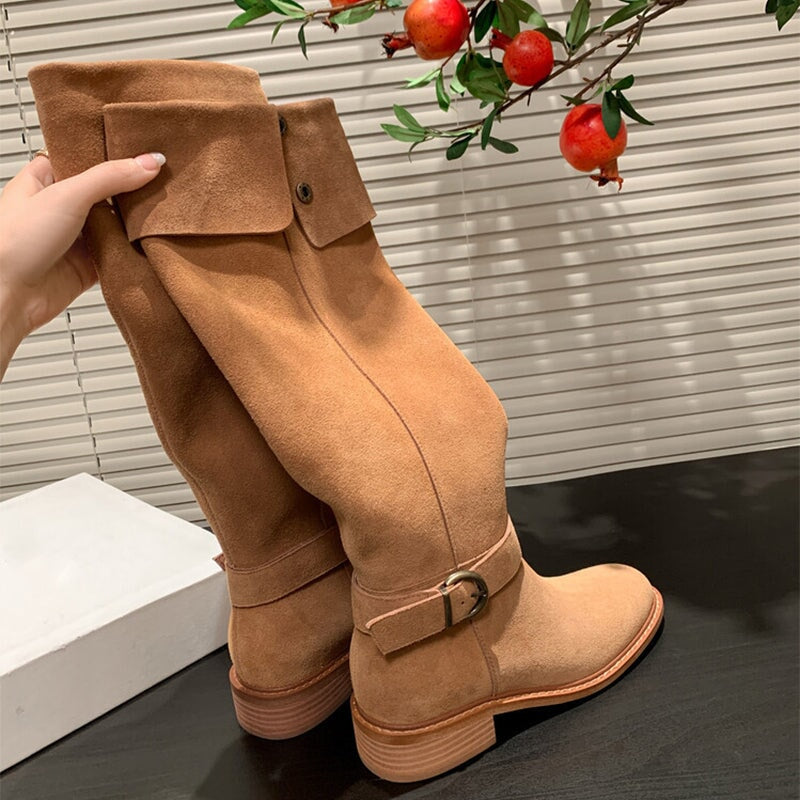 Womens Suede Knee High Boots 75mm Block Heel Maxct