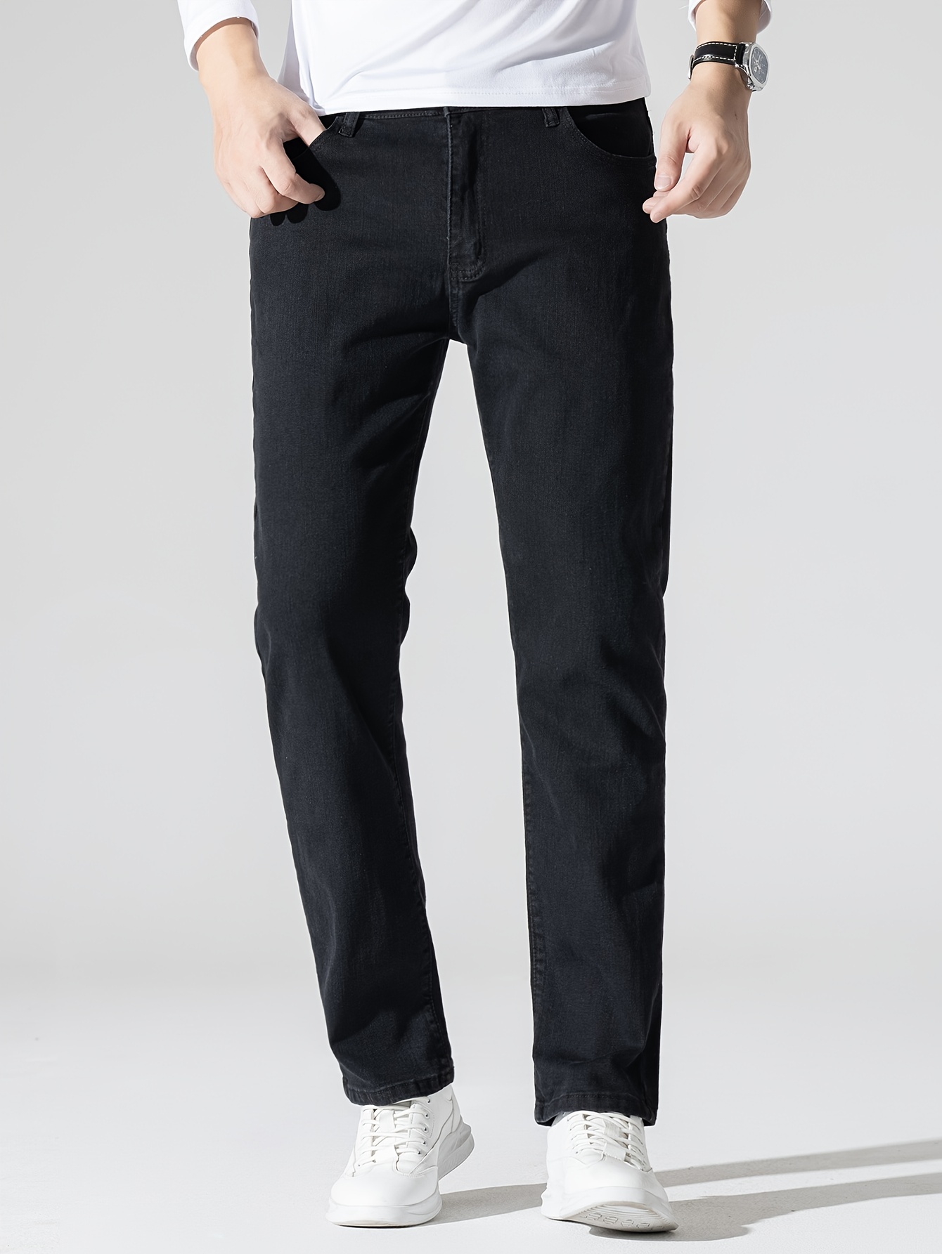 Men's High Stretch Jeans For Business, Slim Fit Denim Pants With Pockets For Spring Fall
