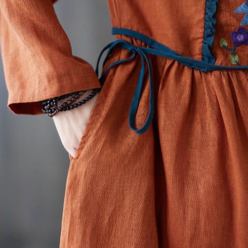 Maxct Women Autumn Retro Embroidery Cotton Linen Dress