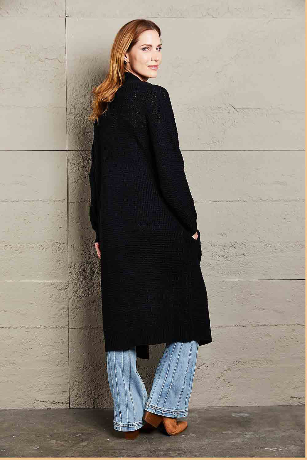 Maxct &Double Take Waffle Knit Open Front Duster Cardigan With Pockets