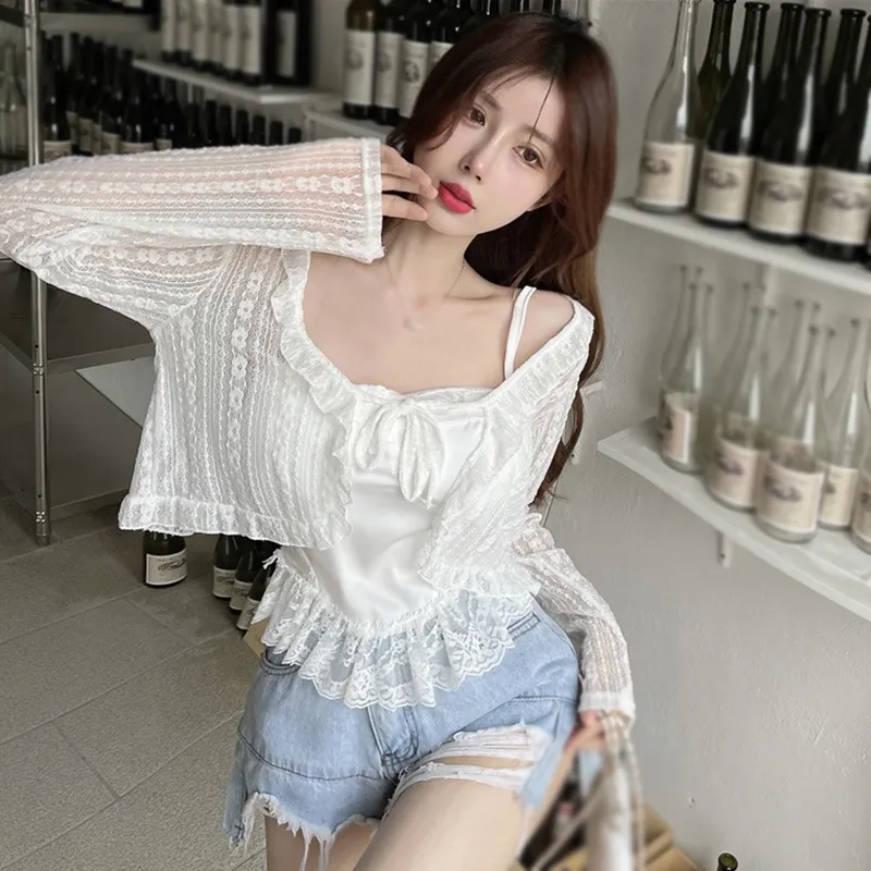 Maxct Thin Ruffles Tops Women Sunscreen Blouses Vintage Breathable Cropped All-match Basic Slim Tender Retro