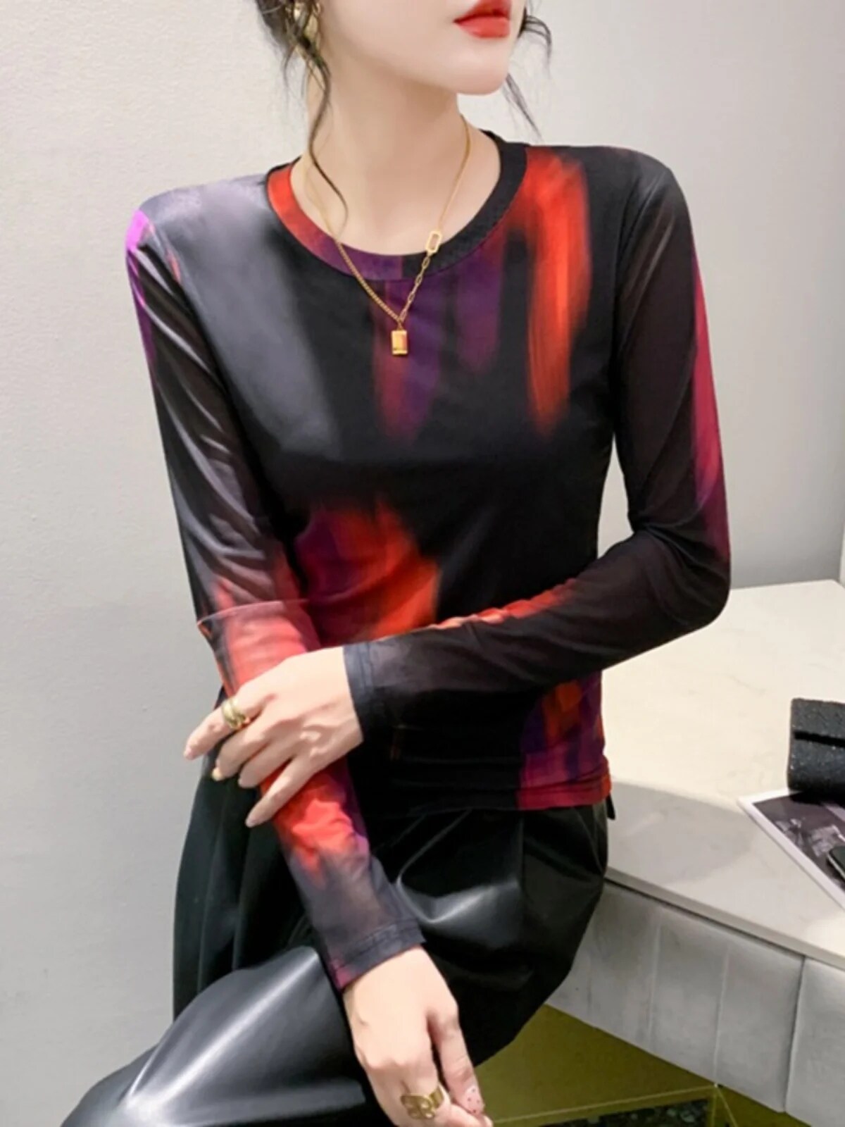 Maxct S-3XL New Vague Printing Mesh T-shirt Women's Round Neck Long Sleeve High Stretch Light Fabric Tees Tops - Image 3