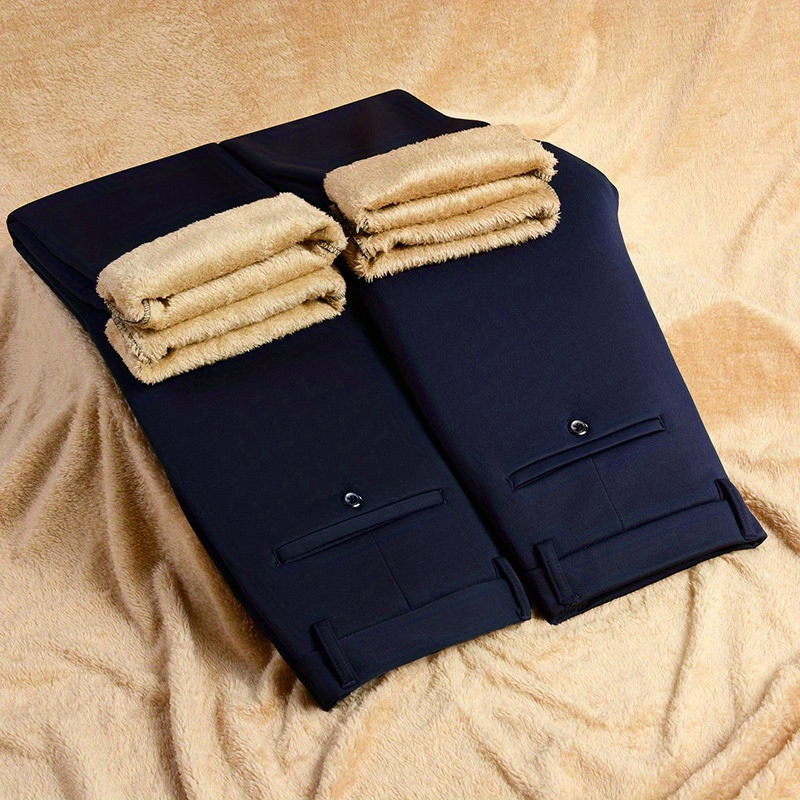 Warm Fleece Dress Pants, Men's Formal Stretch Dress Pants For Fall Winter Business