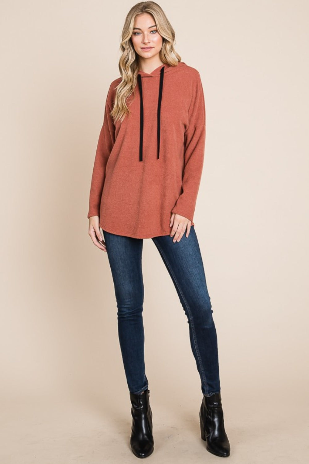 Maxct &BOMBOM Contrast Drawstring Drop Shoulder Knit Hoodie