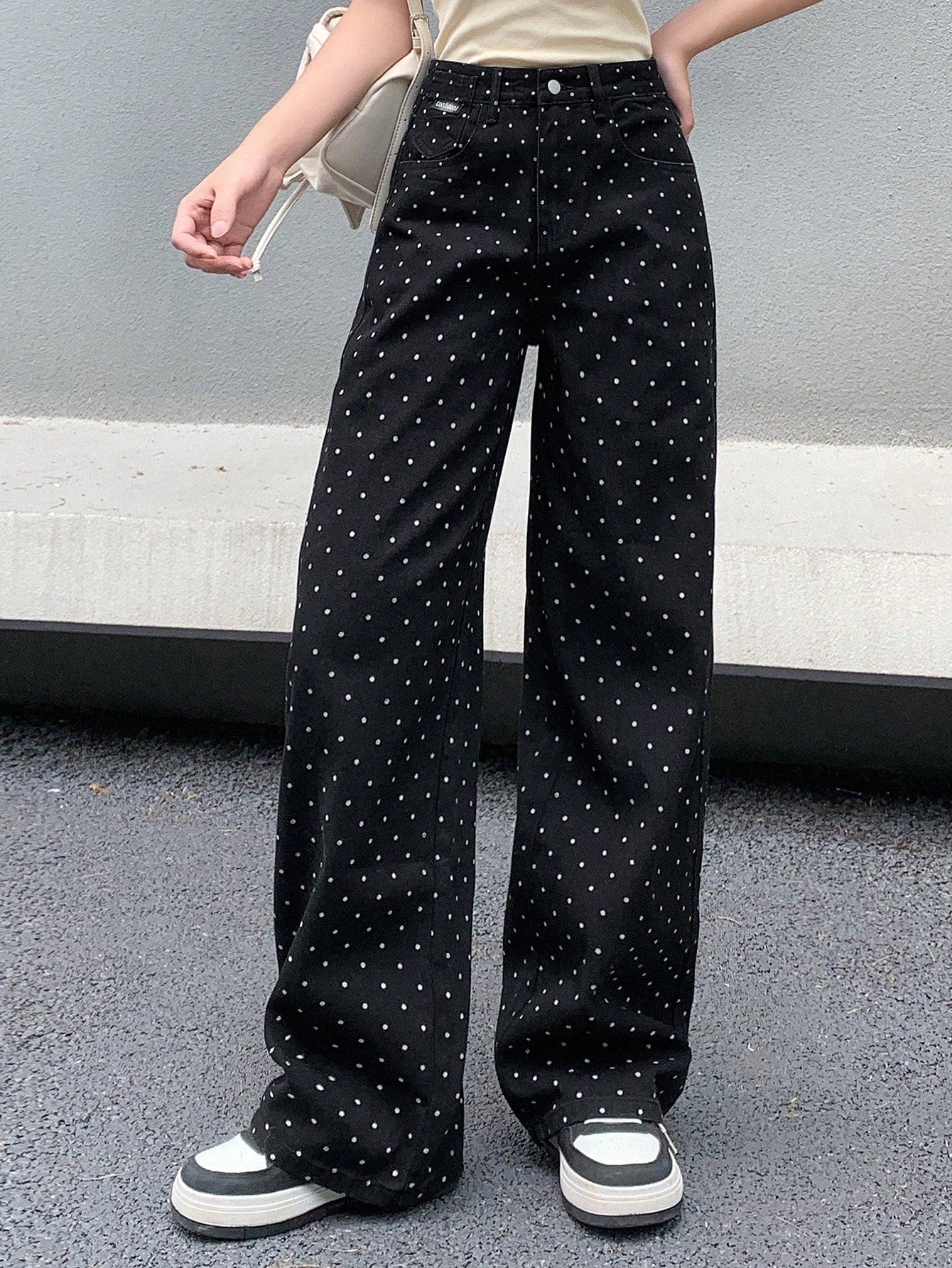 Maxct Women's Polka Dot Printed Wide Leg Loose Casual Denim Pants With Pockets