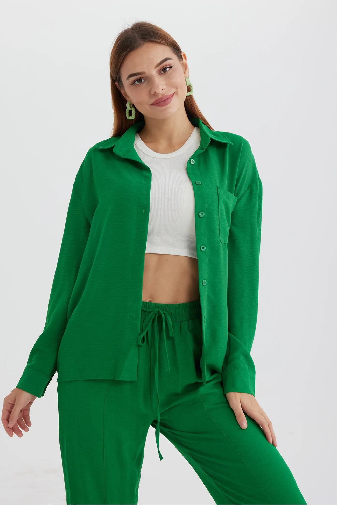 Maxct Long Sleeve Solid Color Shirt Long Pants Set - Image 34