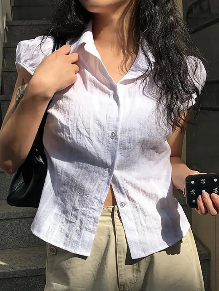 Maxct Solid Color Ribbed Bubble Sleeve Shirts