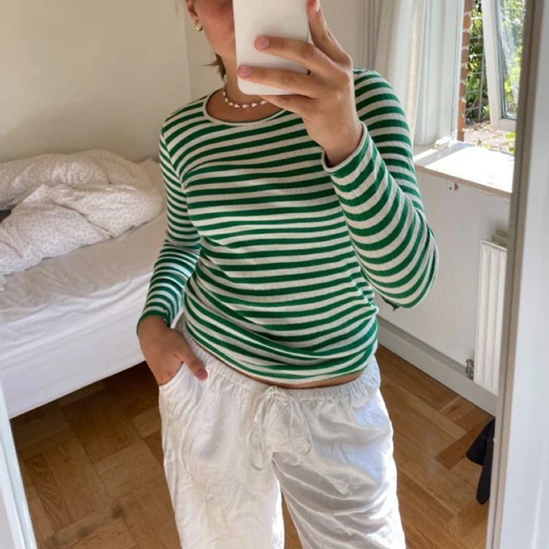 Maxct Vintage Preppy Style Y2K Crop Tops Clothes Cottage Striped Rib Knitted T-shirt Women Long Sleeve Casual Basic Tees Pullovers