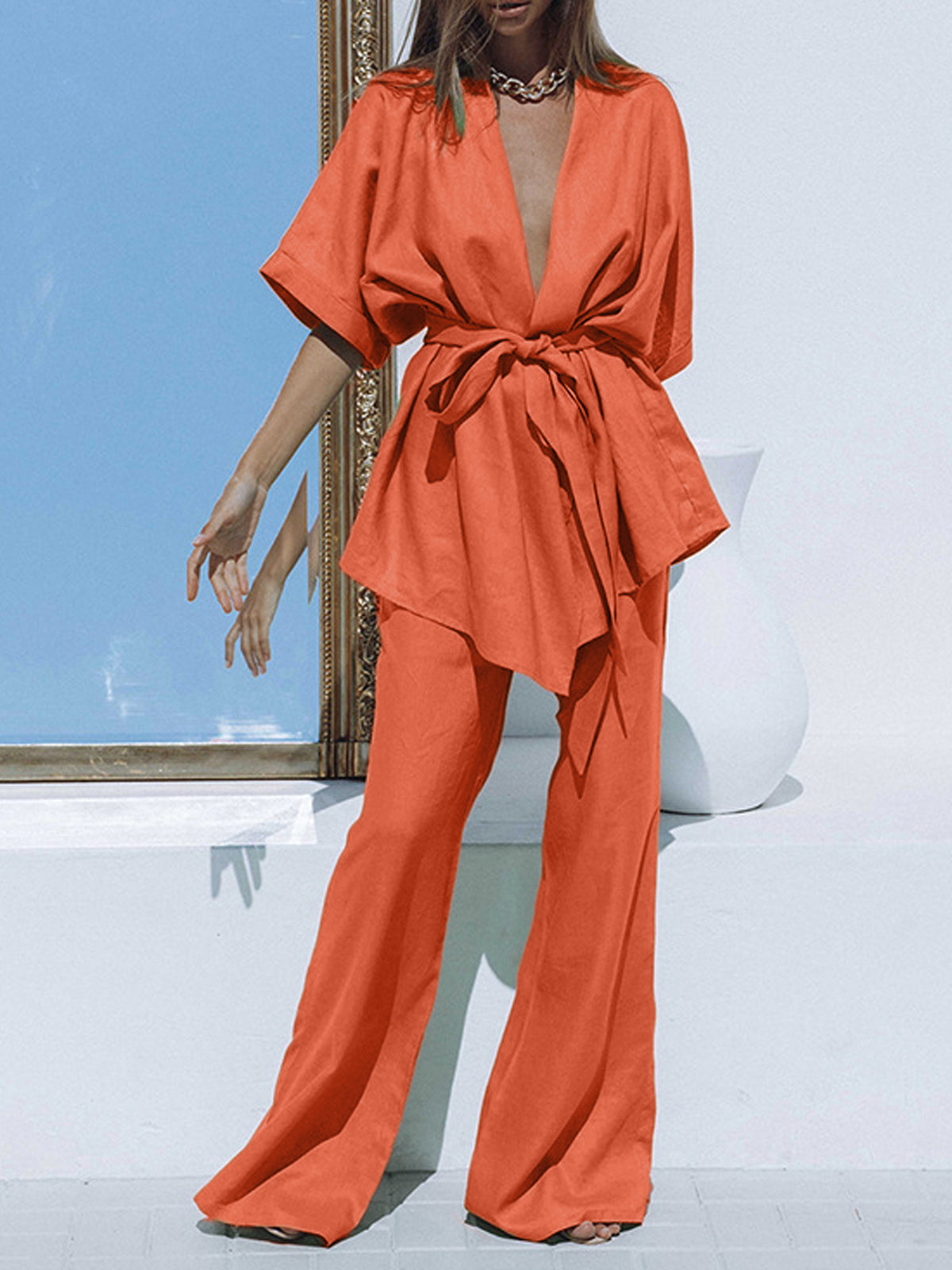 Maxct Oversized Linen Tied Two Piece Pants Set