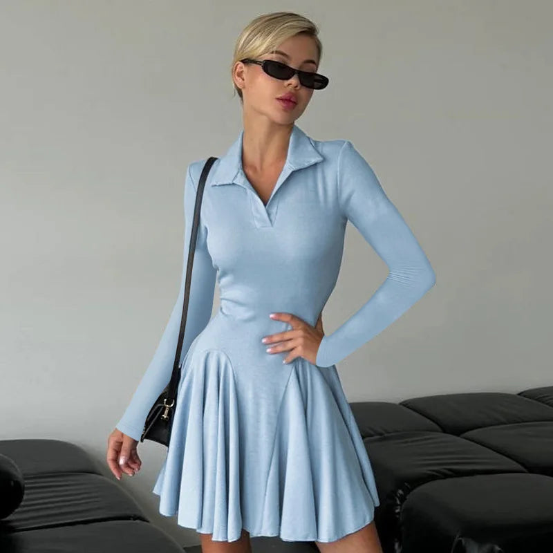 Maxct Elegant Slim Folds Mini Dress Female Slinky Waist Shirt POLO Collar Dress Fashion Splice Long Sleeve Party Outfits Woman