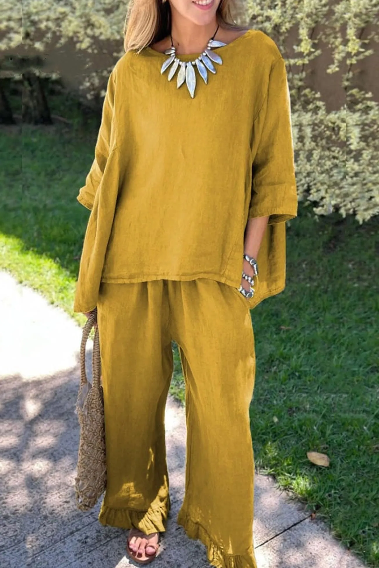 Maxct Half Sleeve Tops Fringe Hem Long Pants Set